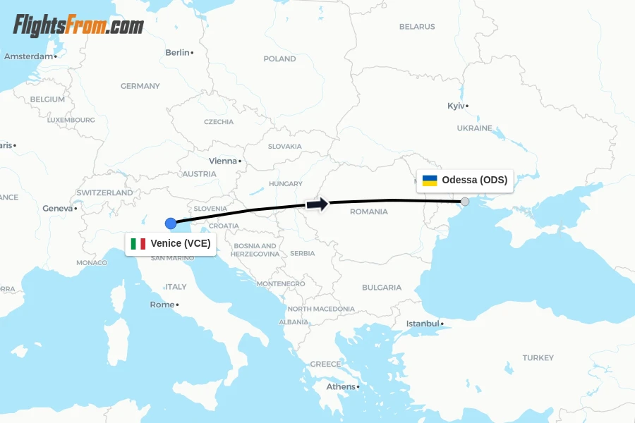 Flights from Venice to Odessa route map