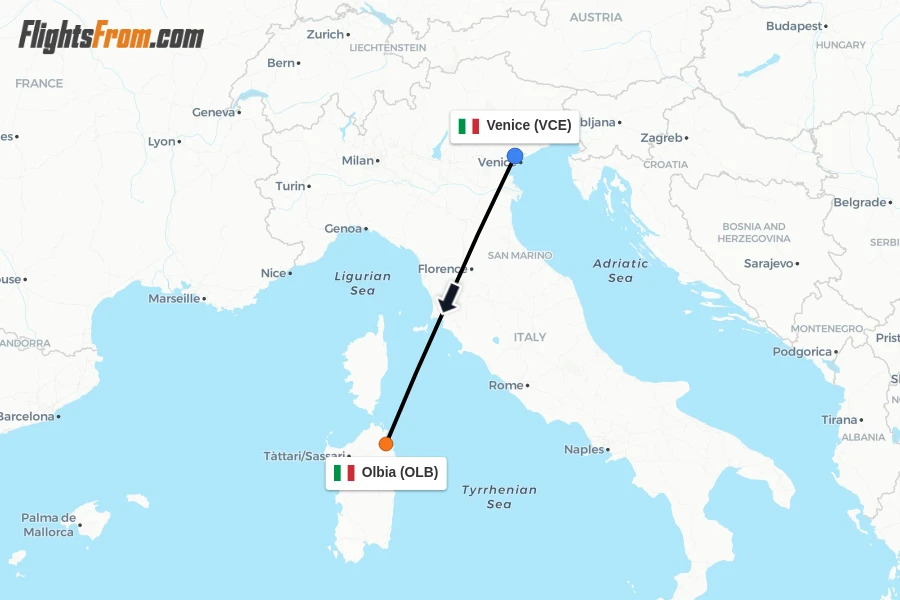 Flights from Venice to Olbia route map