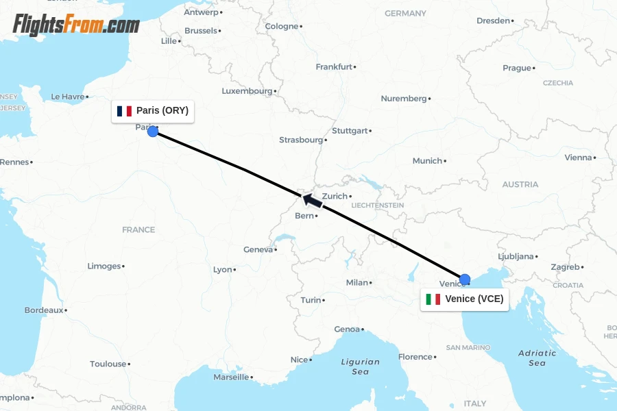 Flights from Venice to Paris route map