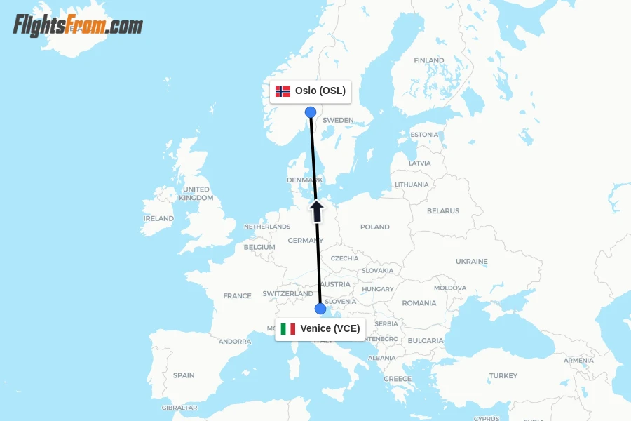 Flights from Venice to Oslo route map