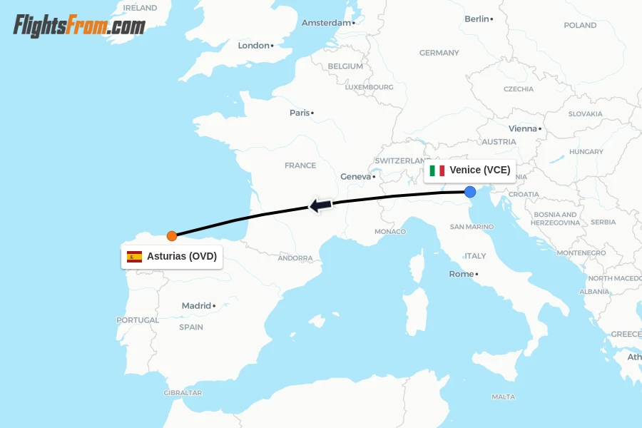 Flights from Venice to Asturias route map
