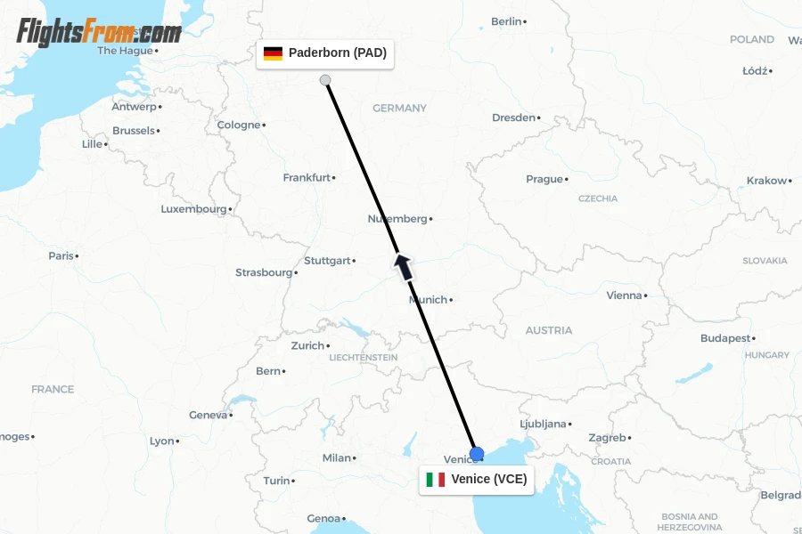 Flights from Venice to Paderborn route map