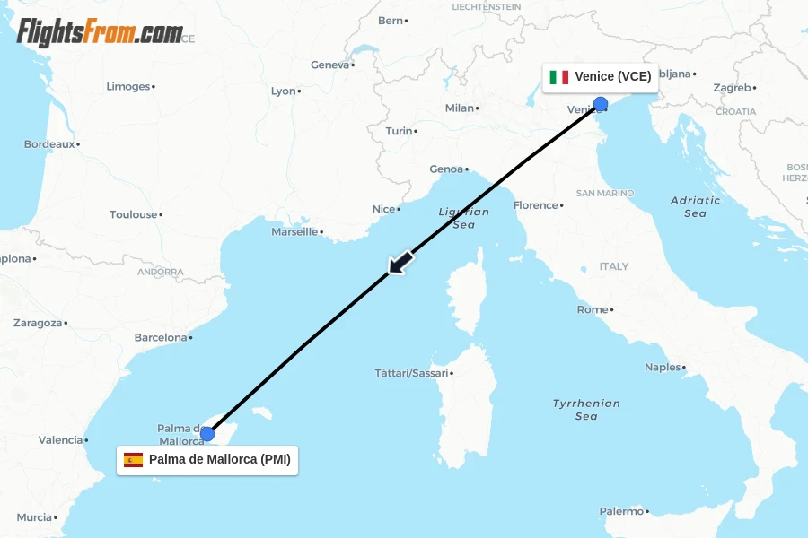 Flights from Venice to Palma de Mallorca route map