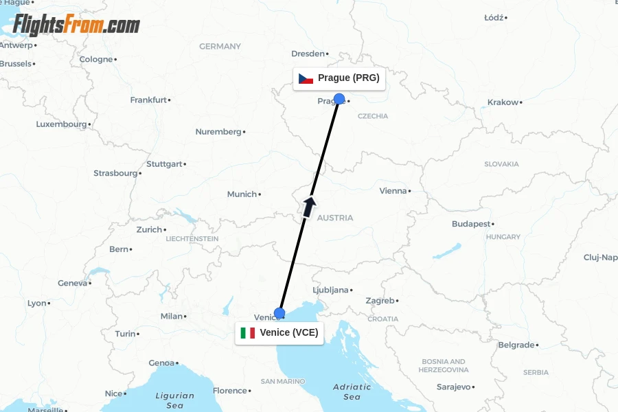 Flights from Venice to Prague route map