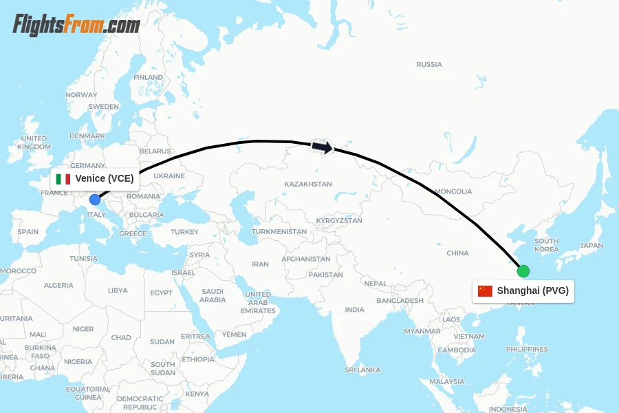 Flights from Venice to Shanghai route map