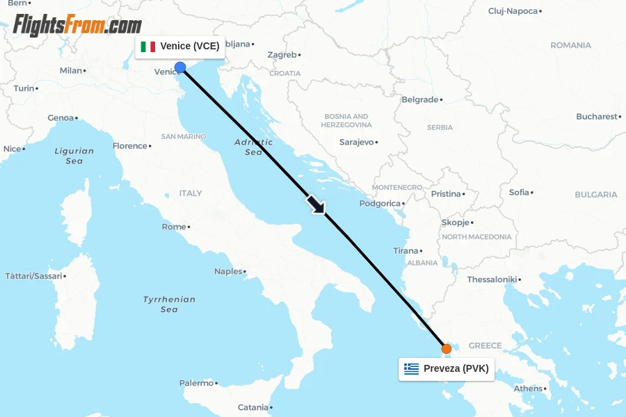 Flights from Venice to Preveza route map