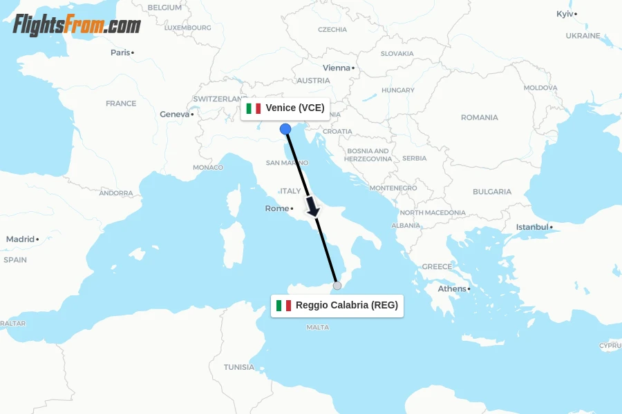 Flights from Venice to Reggio Calabria route map
