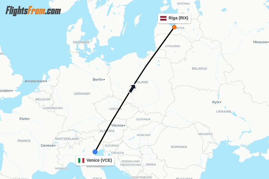 Flights from Venice to Riga route map