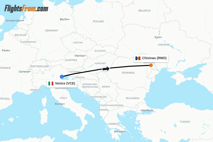 Flights from Venice to Chisinau route map