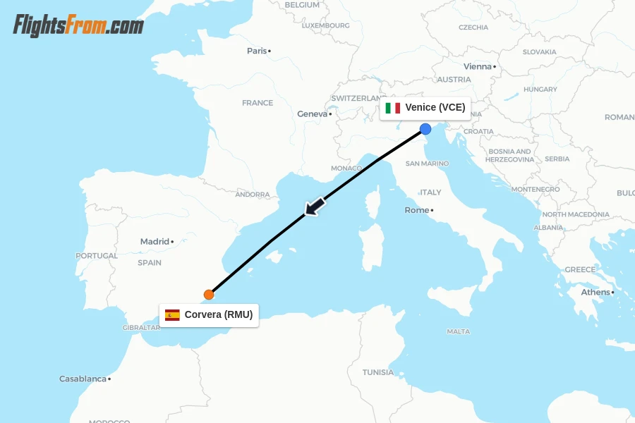 Flights from Venice to Corvera route map