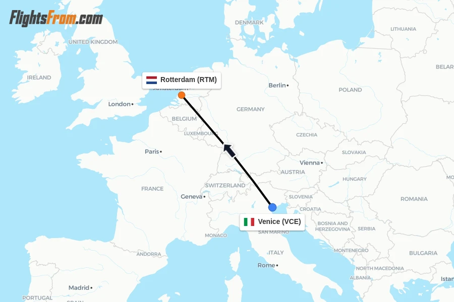 Flights from Venice to Rotterdam route map