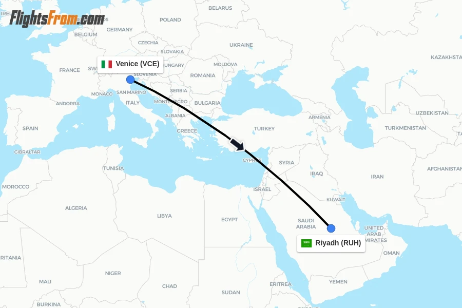 Flights from Venice to Riyadh route map