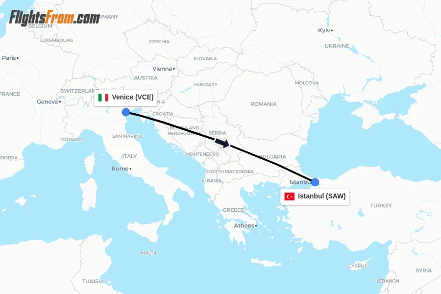 Flights from Venice to Istanbul route map
