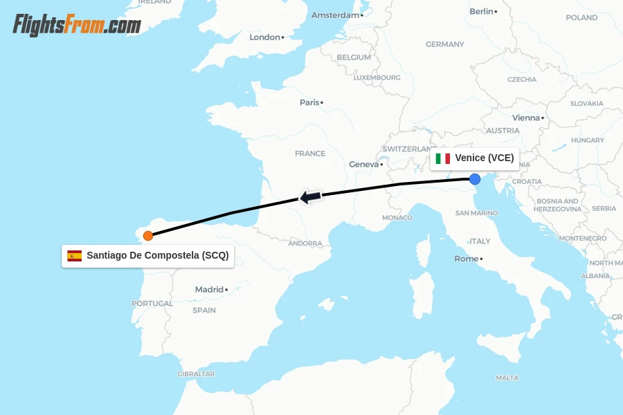 Flights from Venice to Santiago De Compostela route map