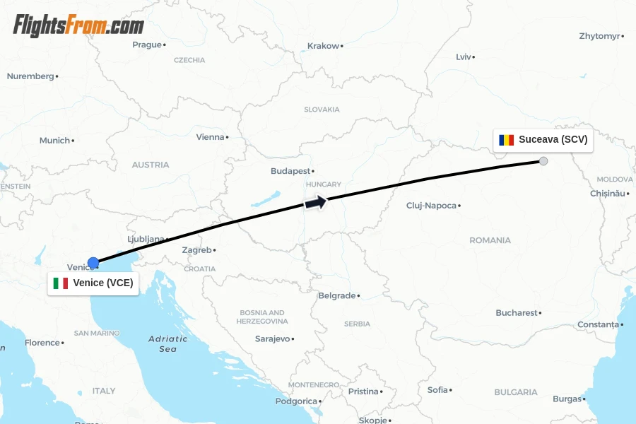 Flights from Venice to Suceava route map