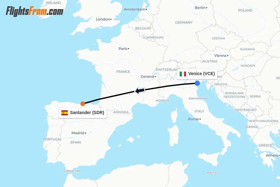 Flights from Venice to Santander route map