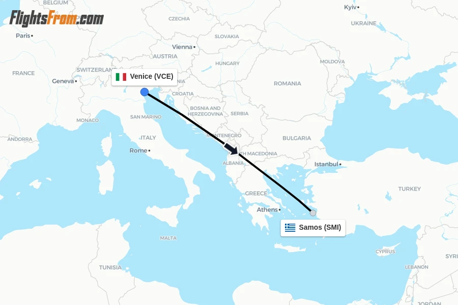 Flights from Venice to Samos route map
