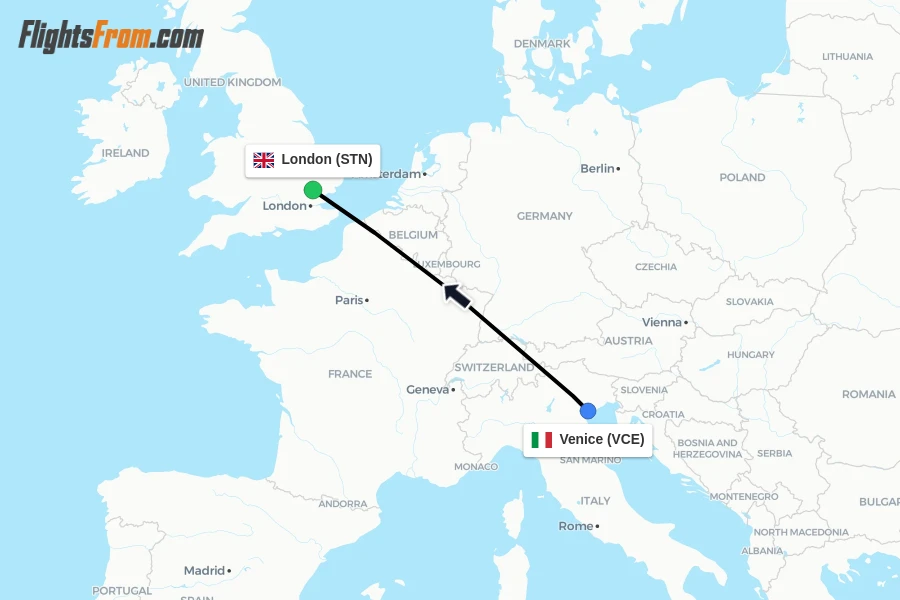 Flights from Venice to London route map