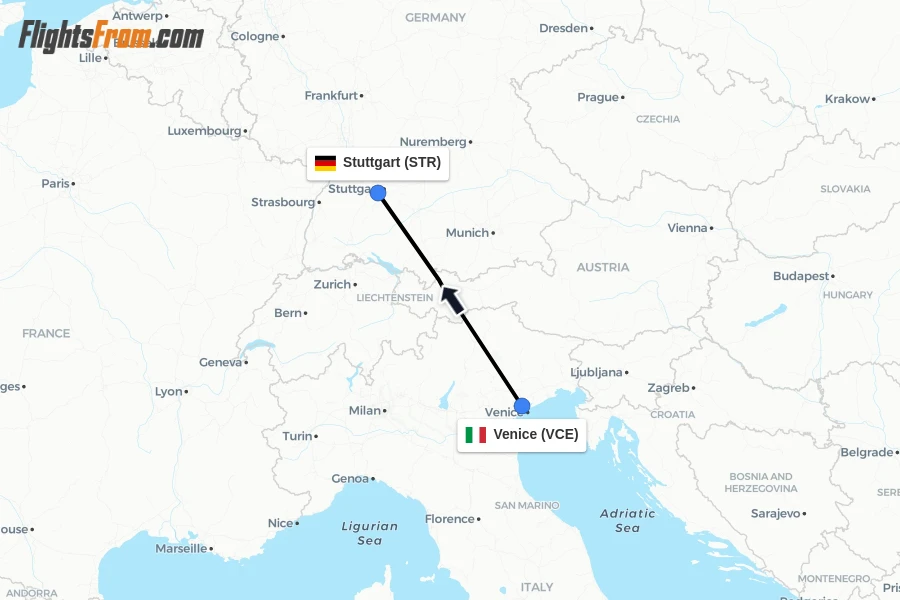 Flights from Venice to Stuttgart route map
