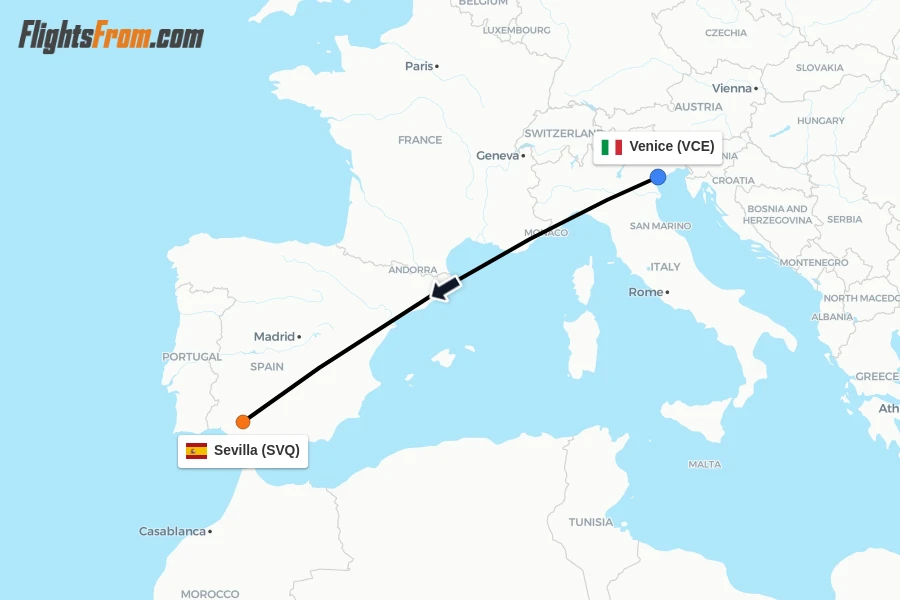 Flights from Venice to Sevilla route map