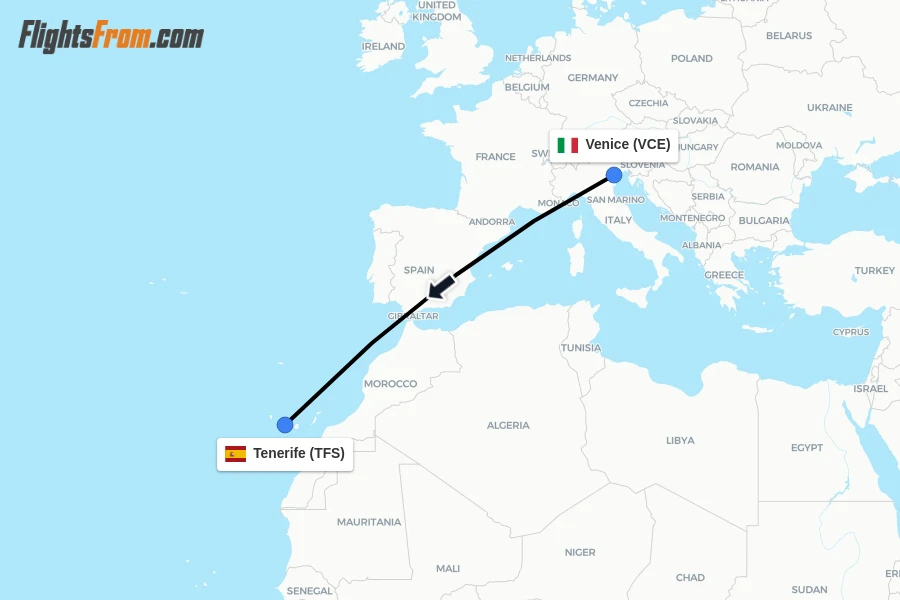 Flights from Venice to Tenerife route map
