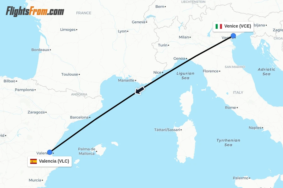 Flights from Venice to Valencia route map