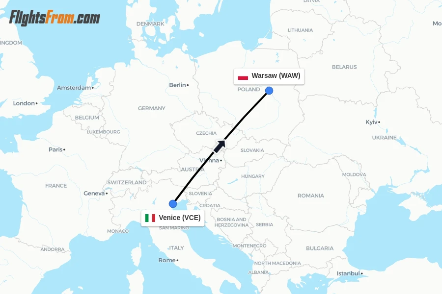 Flights from Venice to Warsaw route map