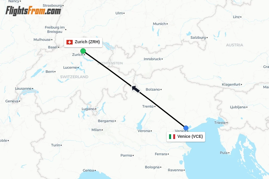 Flights from Venice to Zurich route map