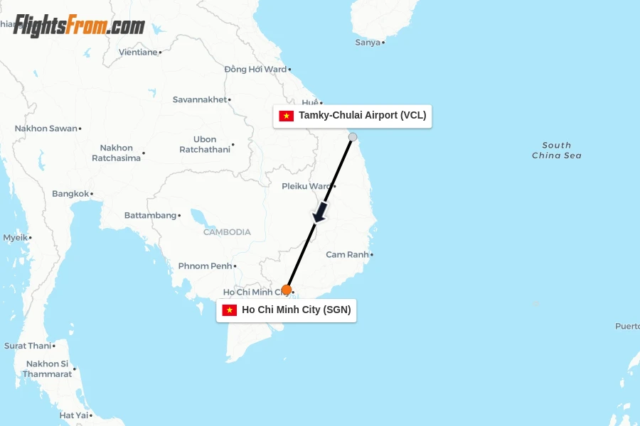 Flights from Tamky-Chulai Airport to Ho Chi Minh City route map