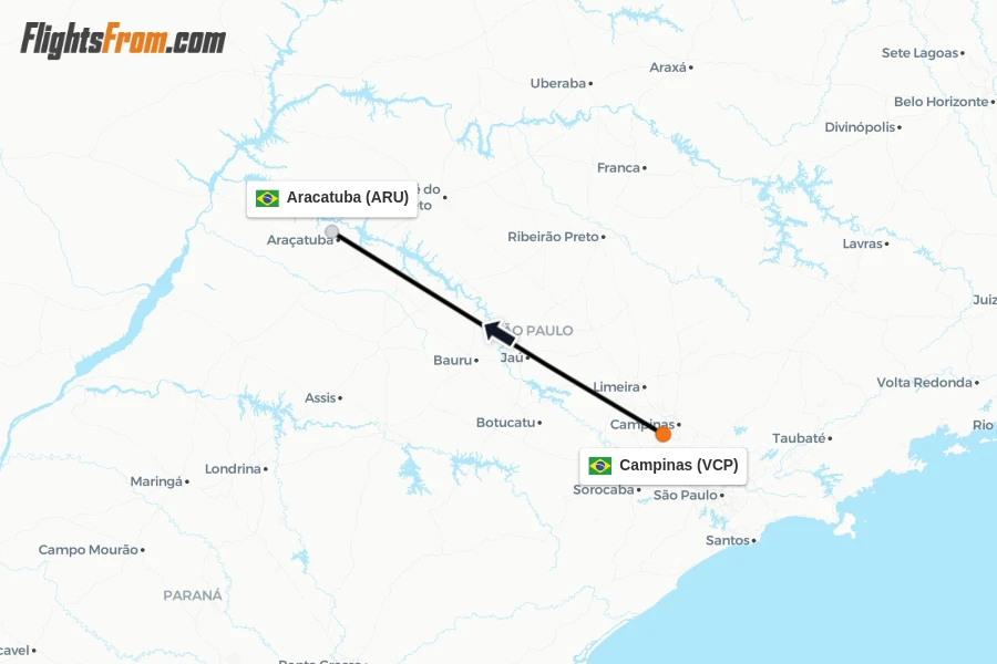 Flights from Campinas to Aracatuba route map