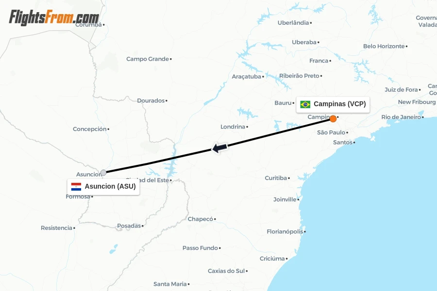 Flights from Campinas to Asuncion route map