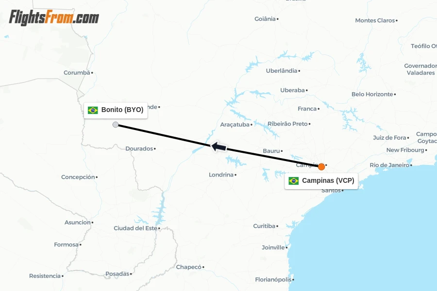 Flights from Campinas to Bonito route map