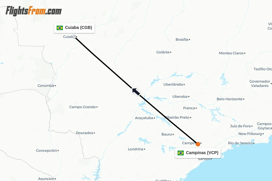 Flights from Campinas to Cuiaba route map