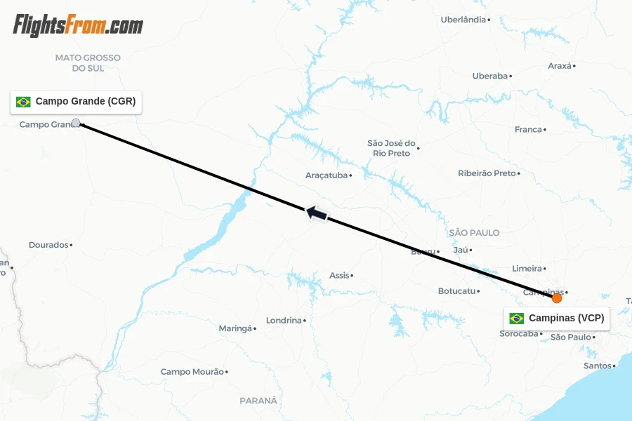 Flights from Campinas to Campo Grande route map