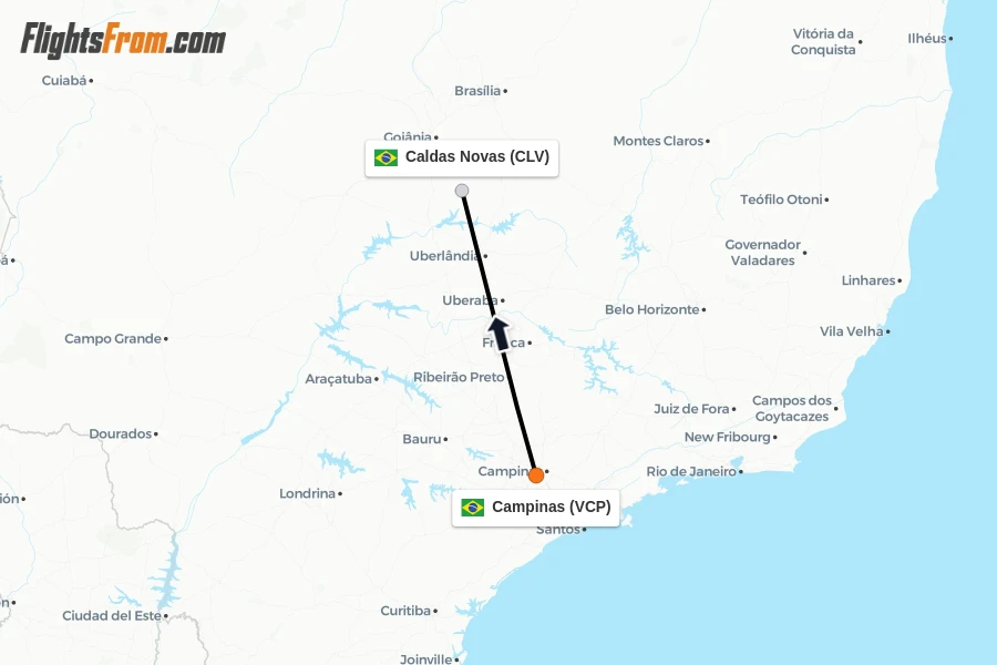 Flights from Campinas to Caldas Novas route map
