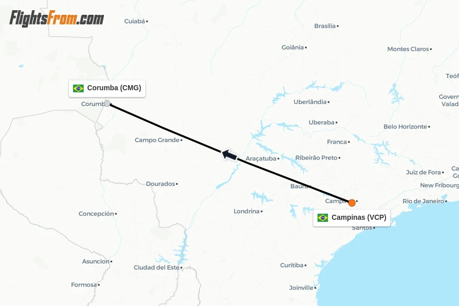 Flights from Campinas to Corumba route map