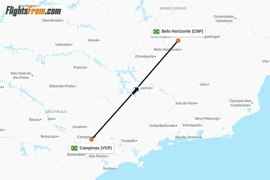 Flights from Campinas to Belo Horizonte route map