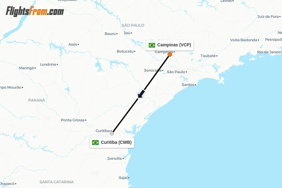 Flights from Campinas to Curitiba route map