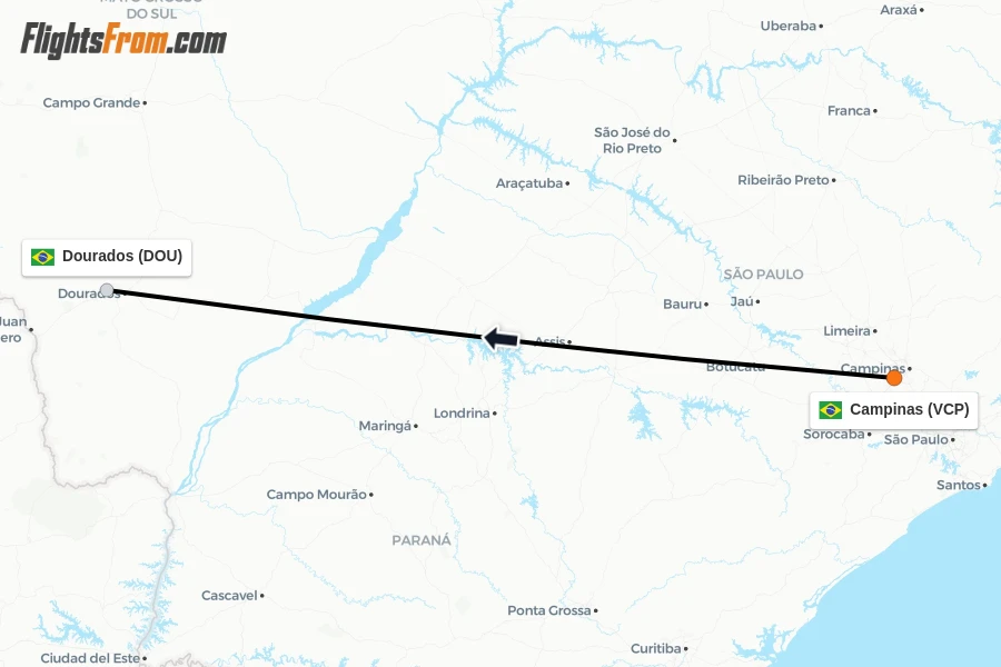 Flights from Campinas to Dourados route map