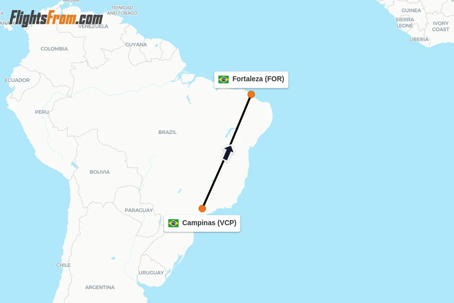 Flights from Campinas to Fortaleza route map