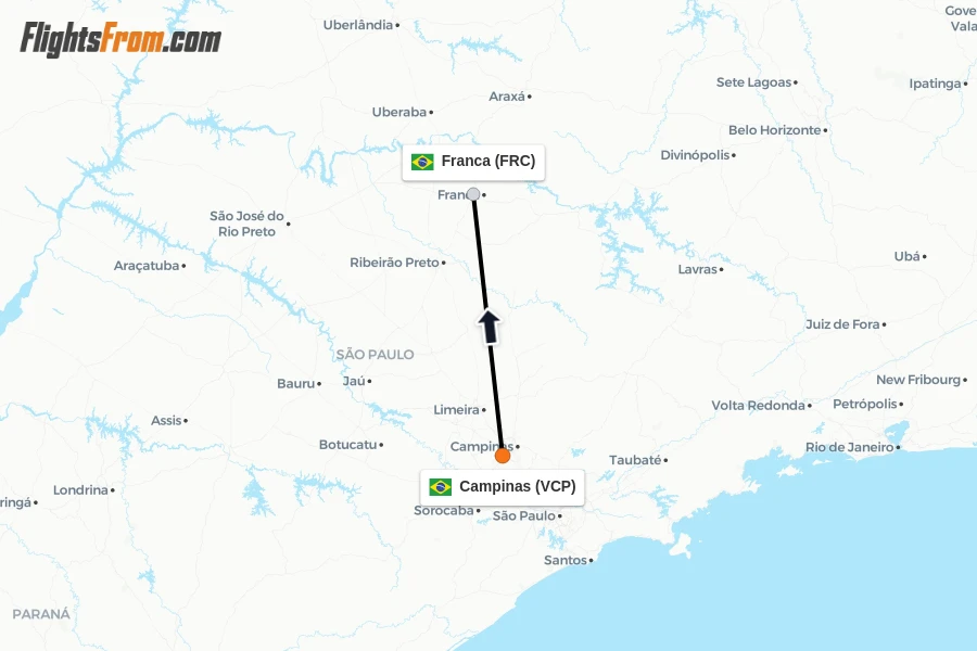 Flights from Campinas to Franca route map