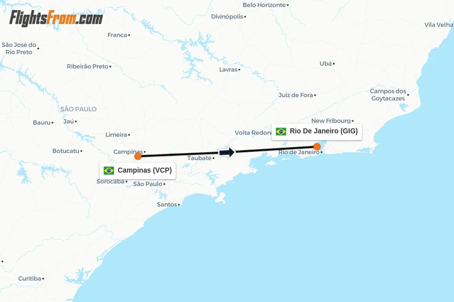 Flights from Campinas to Rio De Janeiro route map
