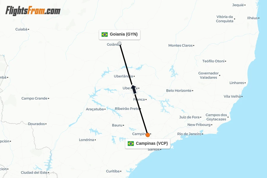 Flights from Campinas to Goiania route map