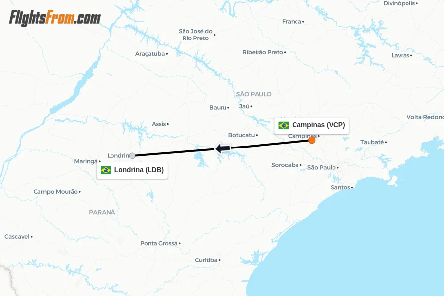 Flights from Campinas to Londrina route map