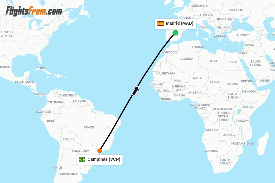 Flights from Campinas to Madrid route map