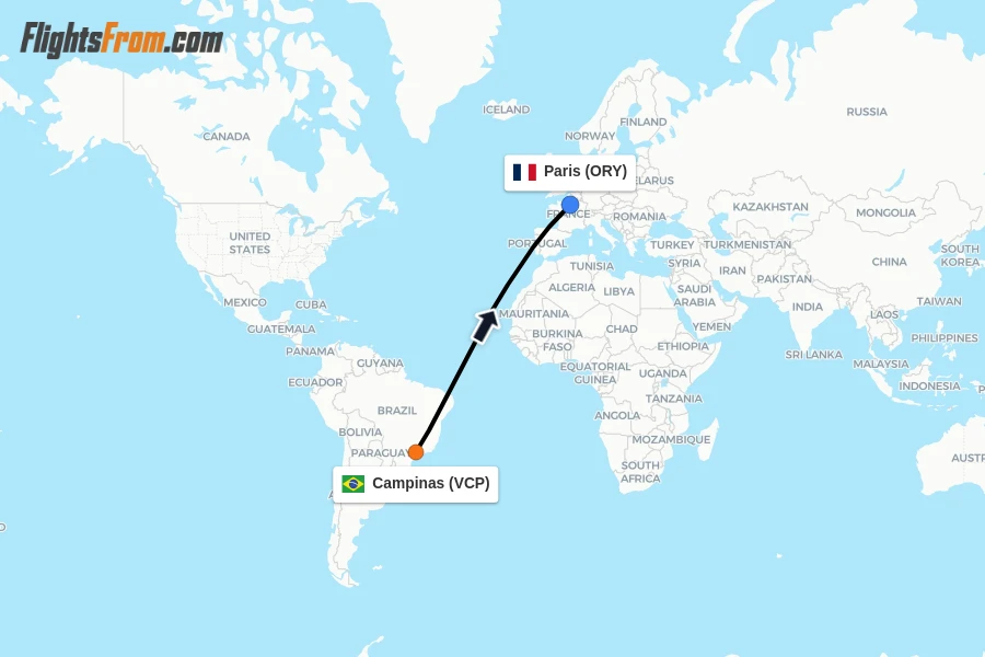 Flights from Campinas to Paris route map