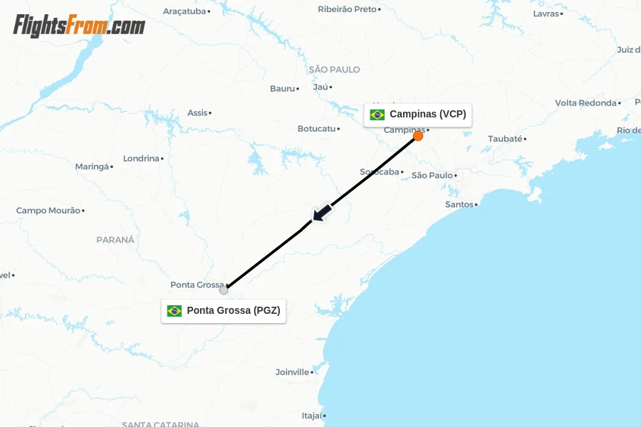 Flights from Campinas to Ponta Grossa route map