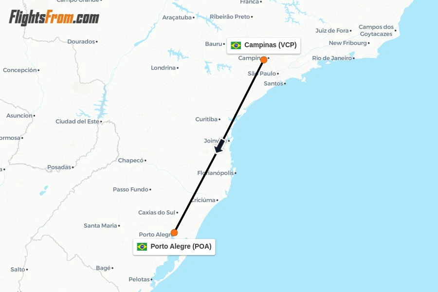 Flights from Campinas to Porto Alegre route map