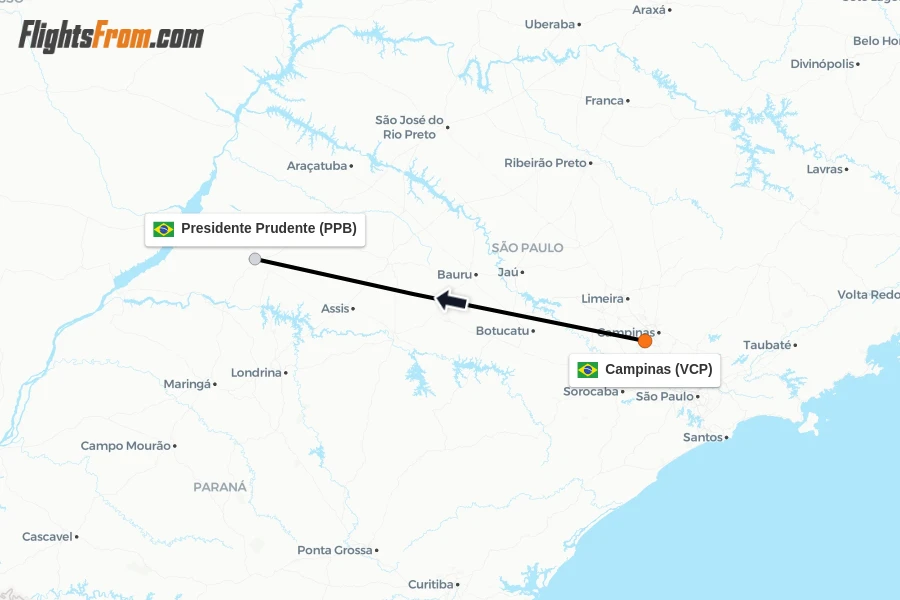 Flights from Campinas to Presidente Prudente route map
