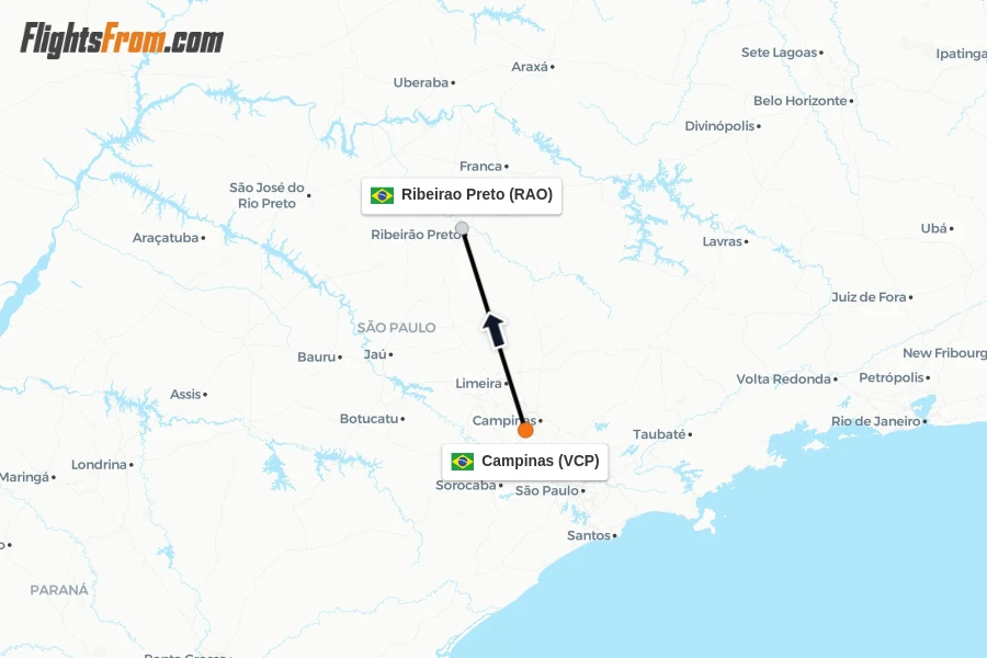 Flights from Campinas to Ribeirao Preto route map